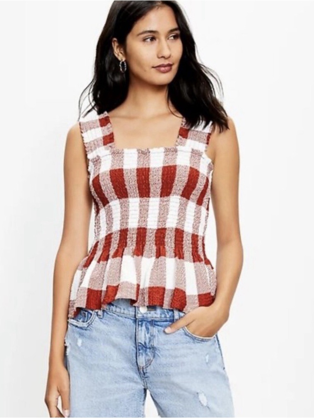 NWT Loft Rust & White Smocked Stretchy Peplum Sleeveless Top